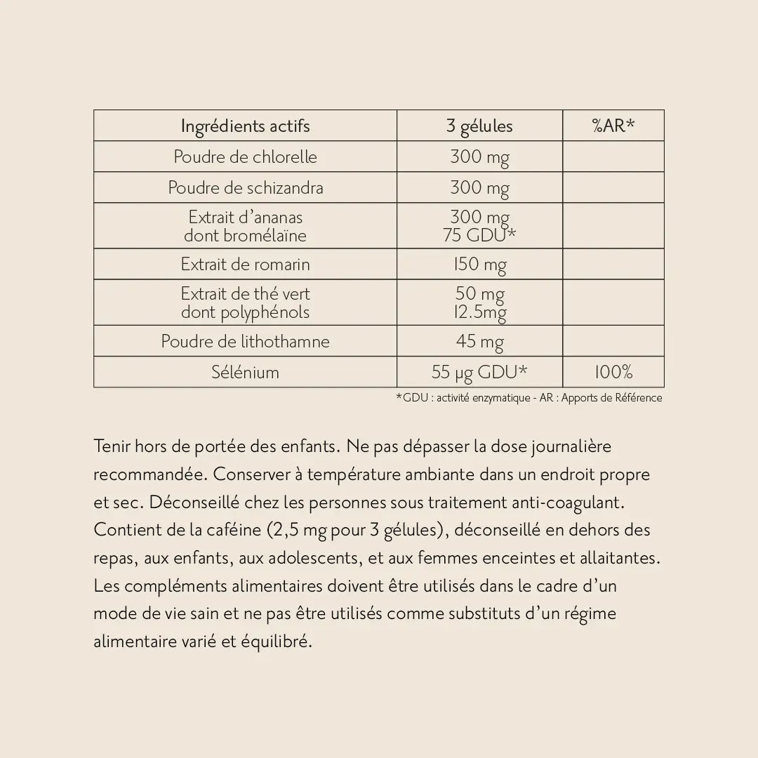 ingrédients actifs complexe détox. chlorelle, schizandra, ananas, romarin, thé vert, lithothamne, selenium hide-ES / hide-EN