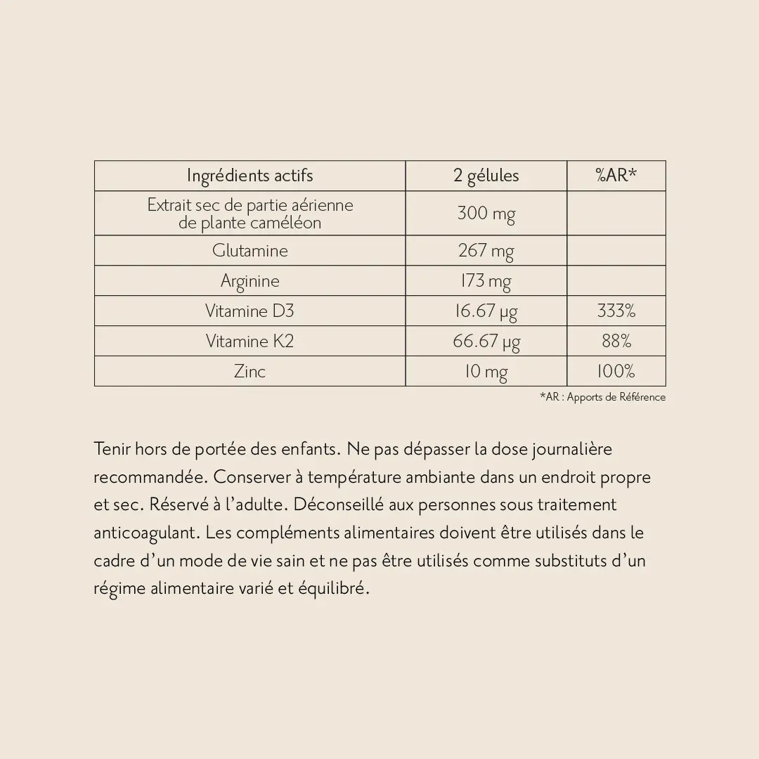 ingrédients actifs efficaces complement alimentaire immunité naturel : plante cameleon, glutamine, arginine, vitamine d3, vitamine k2, zinc hide-ES / hide-EN