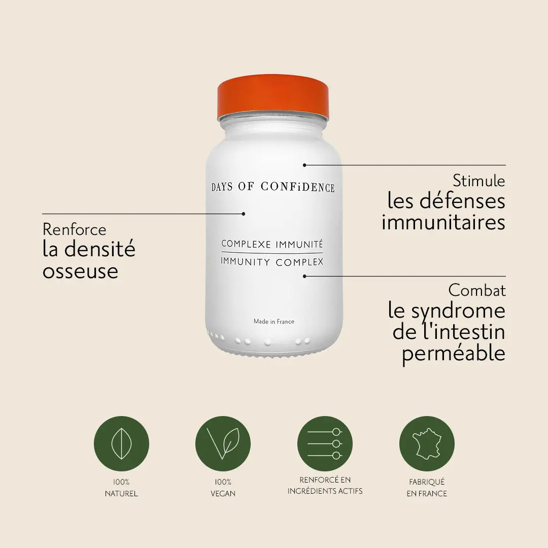 benefices complement alimentaire immunité : renforce la densité osseuse, stimule les défenses immunitaires, combat le syndrome de l'intestin permeable, leaky gut syndrom hide-ES / hide-EN