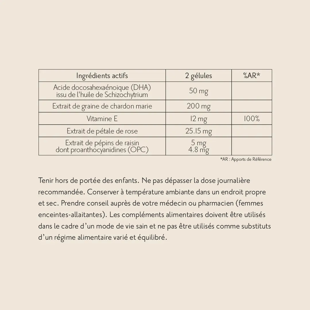 ingredients actifs et apports journaliers complements alimentaire radiance pour une belle peau: schizochytrium, graine de chardon marie, vitamine e, extrait de pétale de rose, extrait de pépins de raisin hide-ES / hide-EN