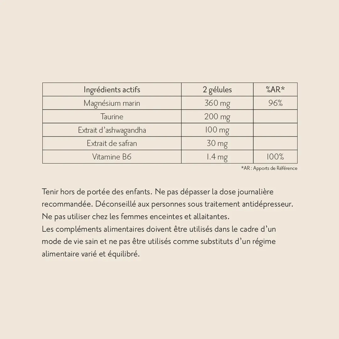 tableau ingrédients actifs du complexe sérénité et doses journalières recommandées du complement alimentaire naturel sérénité pour stress et anxiété : magnésium marin, taurine, ashwagandha, safran, vitamine b6 hide-ES / hide-EN