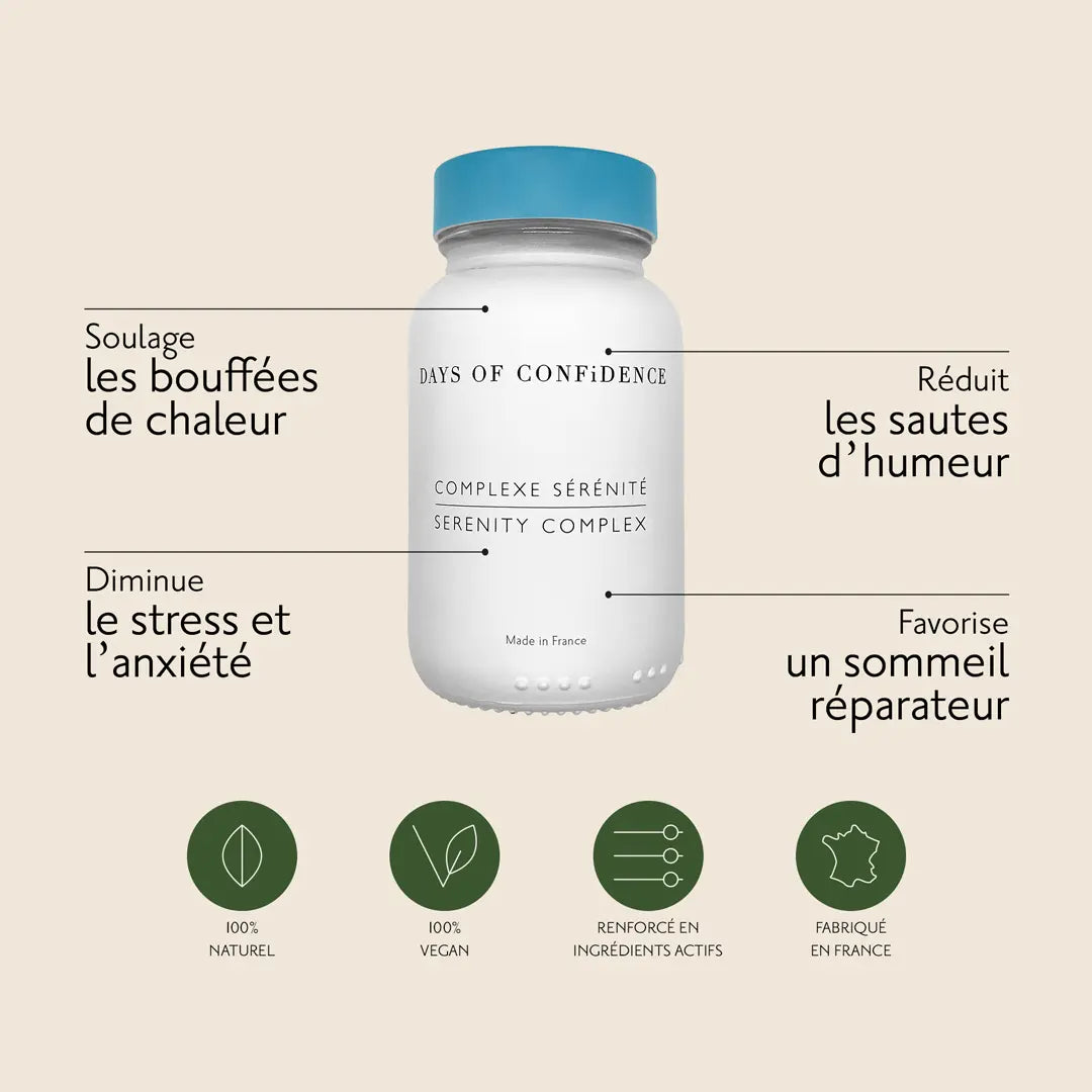 infographie bénéfices complement alimentaire sérénité : diminue le stress et l'anxiété, réduit les sautes d'humeur, favorise un sommeil réparateur hide-ES / hide-EN